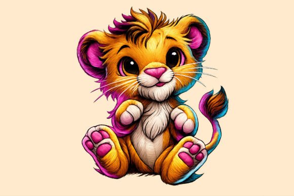 Neon Cute Baby Lion Embroidery PNG